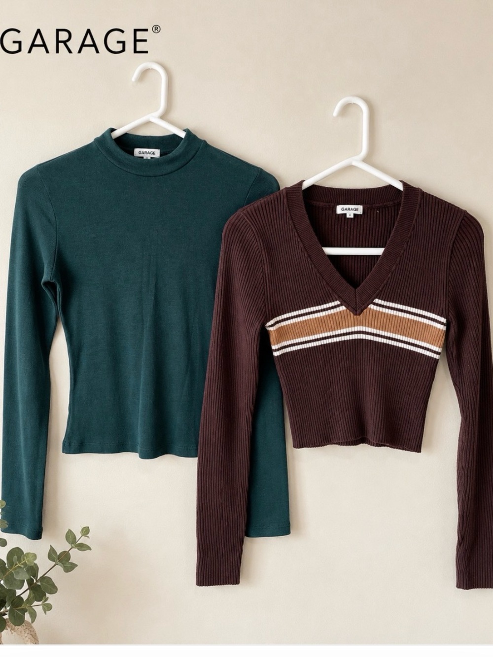 Garage Women's Dark Green Long Sleeve Mock Neck (S) & Brown Crop Sweater (XS)